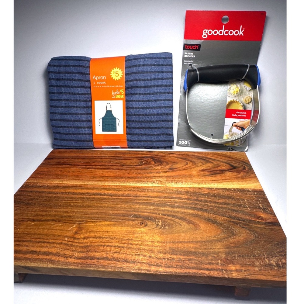GoodCook Pastry Blender Wood Serving Board Apron Set Blue Brown NEW Bundle